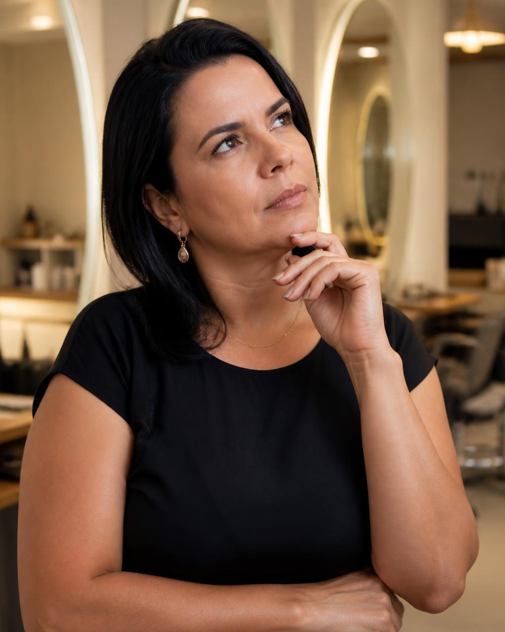 Dona de salão de beleza pensativa, tentando entender por que o negócio poderia vender mais